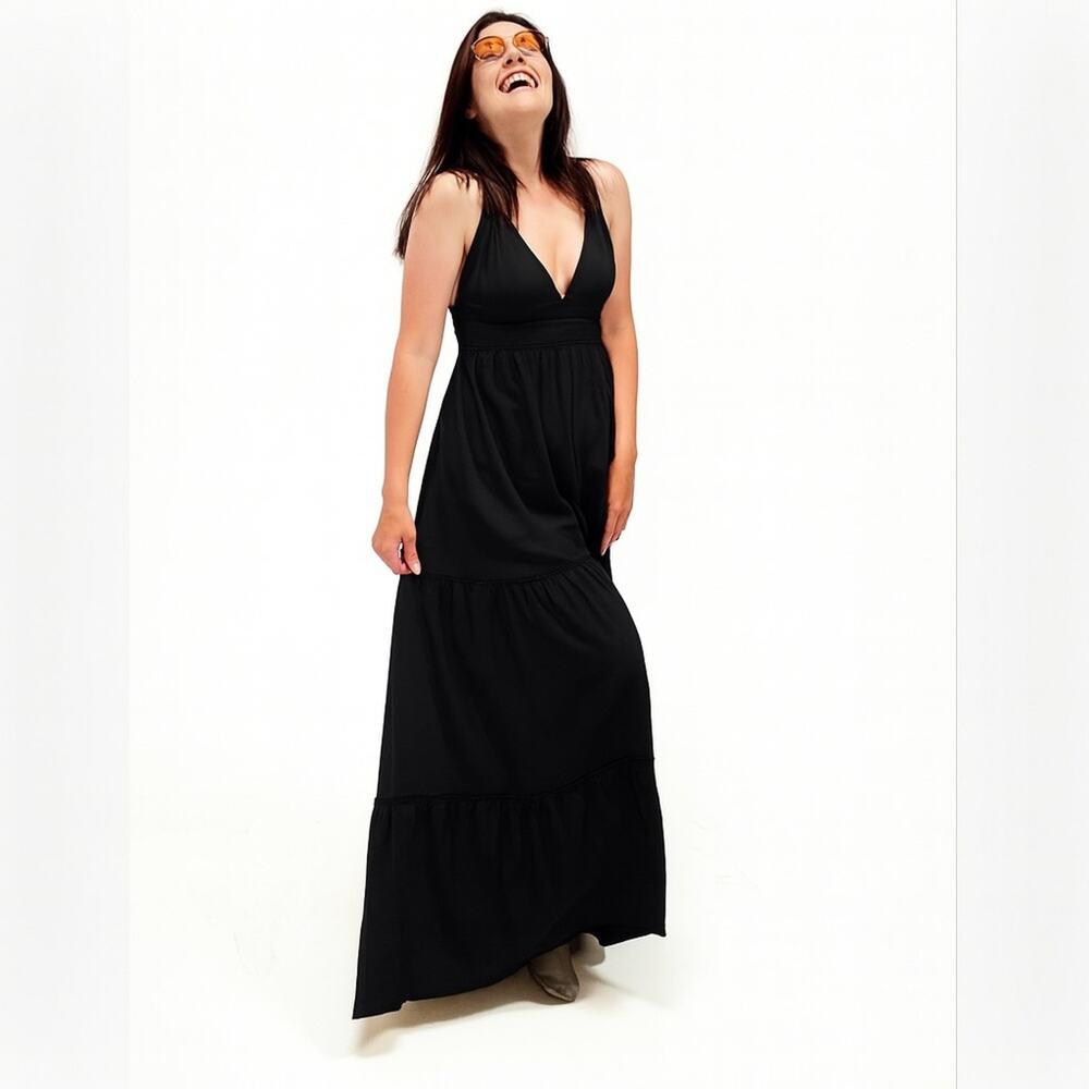 Boho Black Maxi Dress Organic Cotton Tiered Open Back Adjustable Straps Fits S-L - Picture 5 of 8